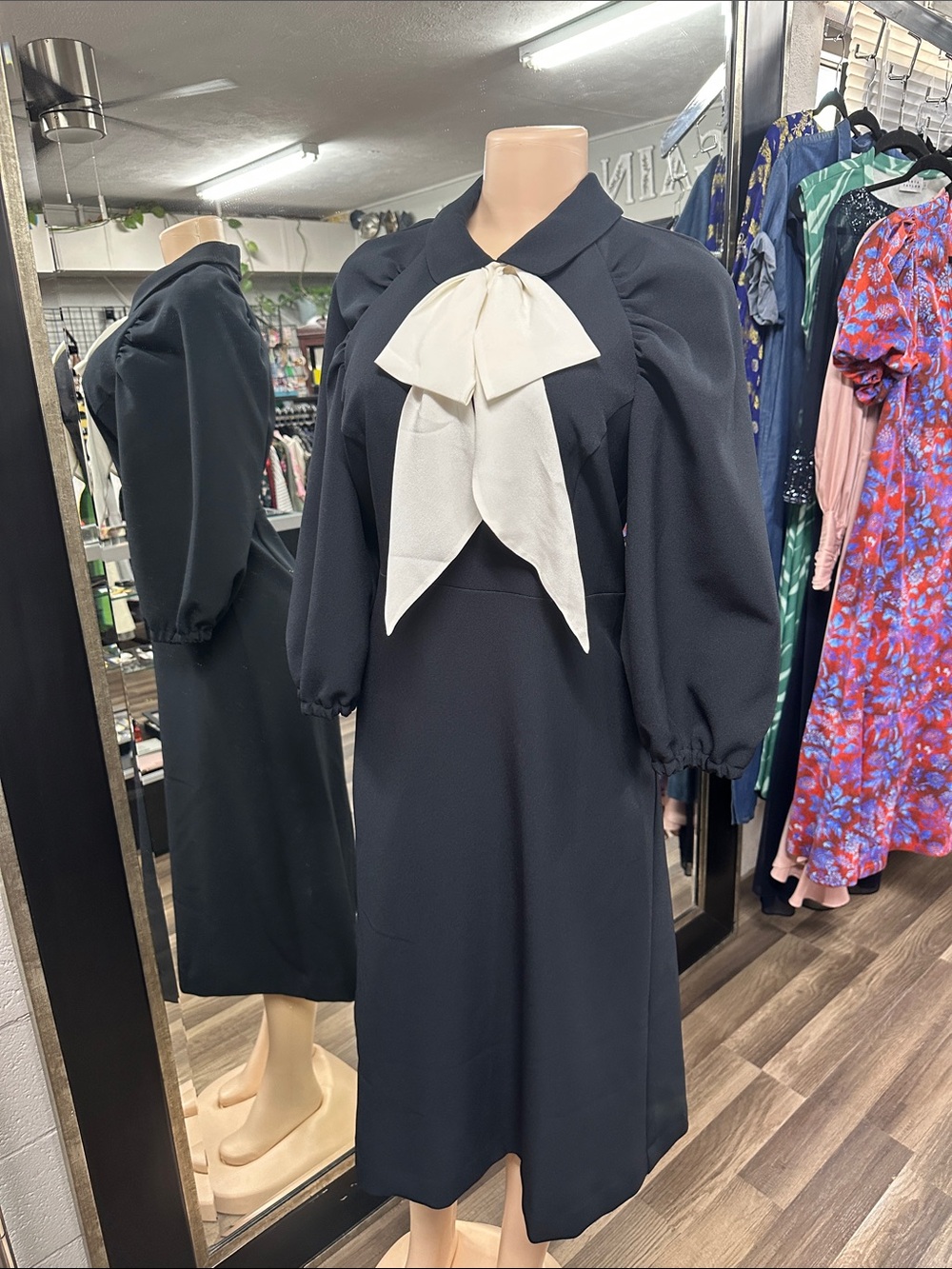 Black Midi Dress with Ivory Bow Tie Accent